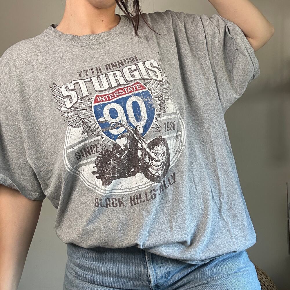 Vintage 77th Annual Sturgis I-90 Black Hills Rally Motorcycle Graphic Tee Sz 2XL